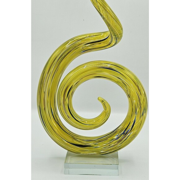 Murano Style Art 21" Glass Spiral Sculpture in Yellow Swirl Pattern With Base - Picture 4 of 11